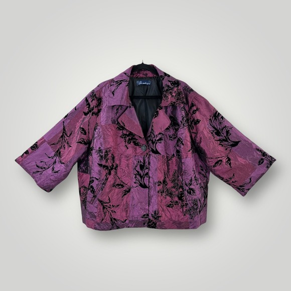 Susan Graver Jackets & Blazers - Susan Graver Jacket Womens 3X Purple Black Floral Crinkle Velvet Burnout Lined